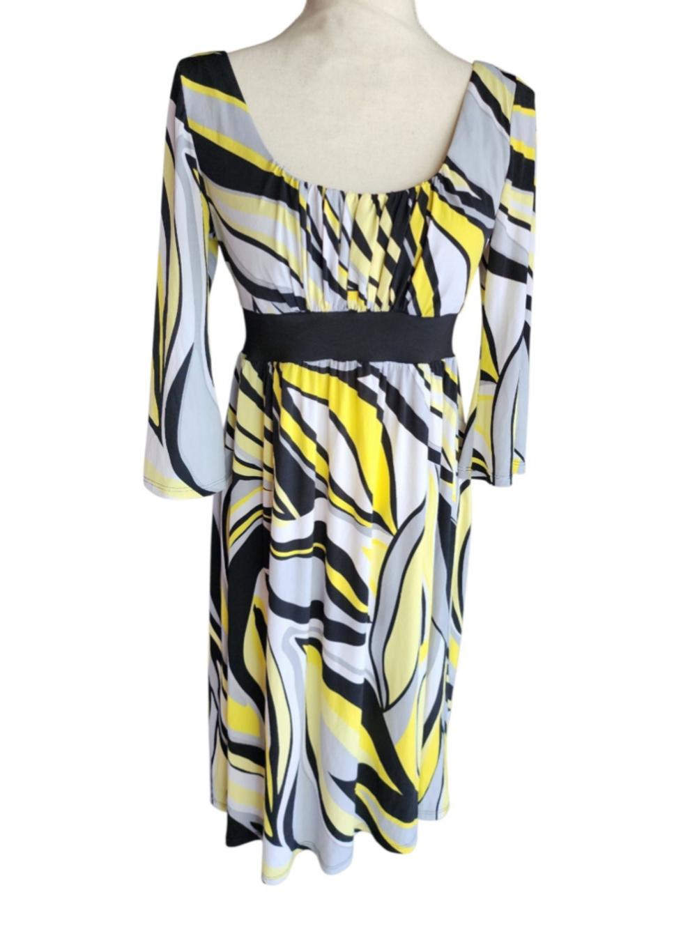 Chadwick's Black Yellow Abstract Print 3/4 Sleeve Ruched Waist Belted Dress S